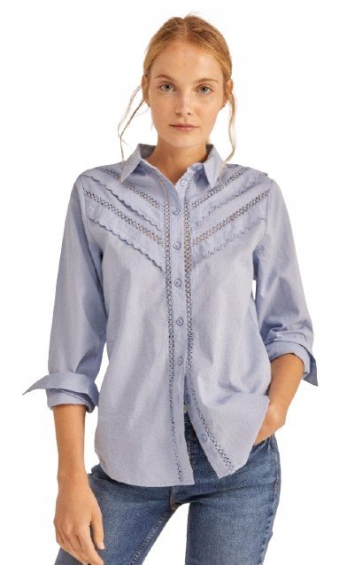 Springfield Niebieska Koszula Damska z Długim Rękawem z Haftem 34 Jxb