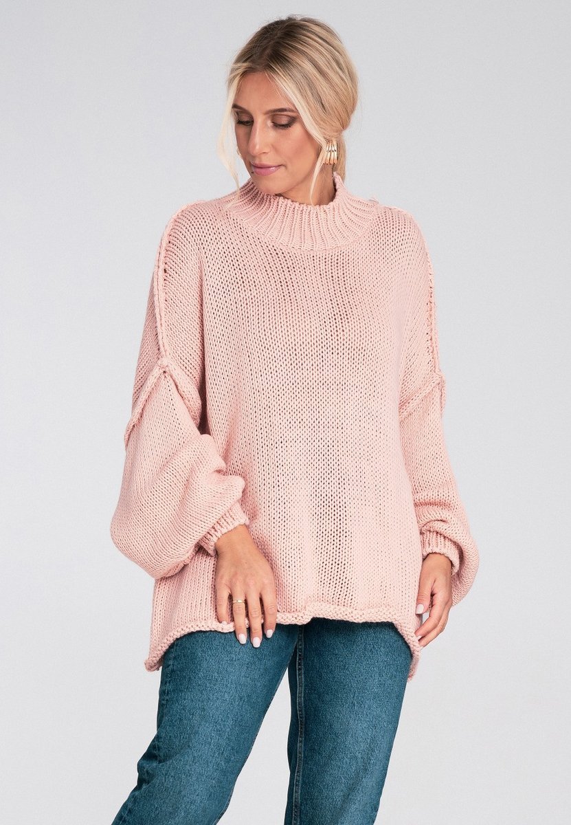 Damski sweter oversize z półgolfem i bufiastymi rękawami na chłodne dni - M1238, różowy, L