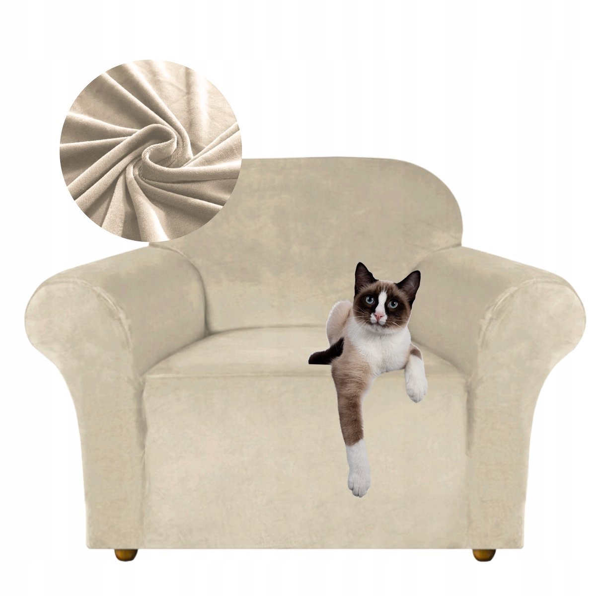 POKROWIEC na FOTEL 1 os KANAPĘ 90-140 CM ELASTYCZNY WELUR KASZMIROWY BEŻ