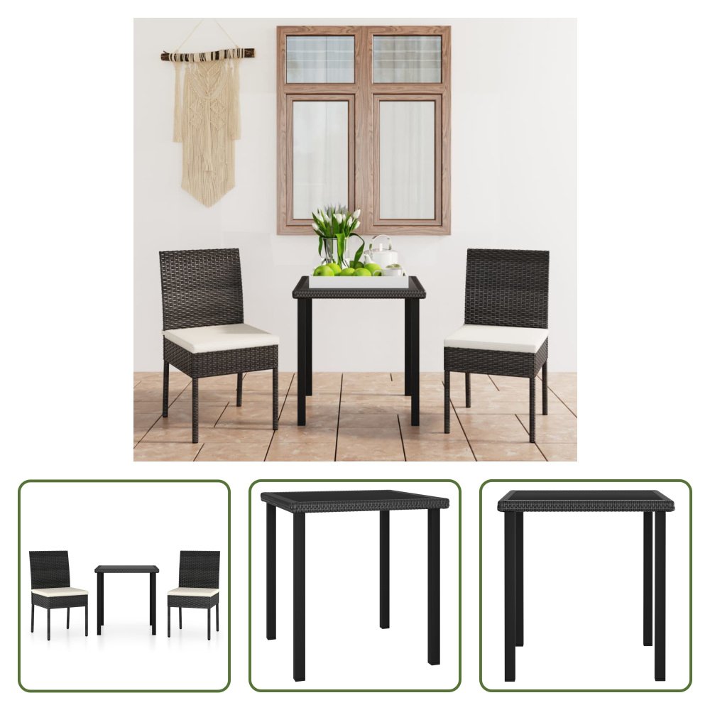The Living Store 3-częściowy ogrodowy zestaw jadalniany z czarnego polirattanu