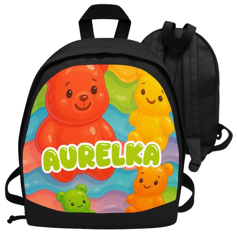 Plecak z imieniem dla dziecka personalizowany kolorowe żelki misie słodycze