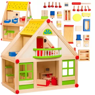 Drewniany domek dla lalek do skręcania, piętrowy + mebelki - Domki dla lalek - miniaturka - grafika 1