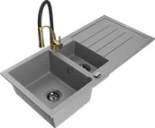 Zlewozmywaki z baterią - Mexen Andres zlewozmywak granitowy 1,5-komorowy z ociekaczem i baterią kuchenną Aster, szary - 6515-71-73450-57-B - miniaturka - grafika 1