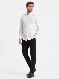 Koszule męskie - Męska koszula bawełniana we wzory SLIM FIT - biała V2 OM-SHCS-0151 - grafika 1