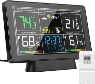 Stacja pogodowa, bezprzewodowy termometr wewnętrzny/zewnętrzny, monitor temperatury i wilgotności, 7,5-calowy kolorowy ekran z zegarem atomowym i regulowanym podświetleniem, zegar prognozy pogody z barometrem, fazy księżyca - Stacje pogodowe Stacja pogodowa, bezprzewodowy termometr wewnętrzny/zewnętrzny, monitor temperatury i wilgotności, 7,5-calowy kolorowy ekran z zegarem atomowym i regulowanym podświetleniem, zegar prognozy pogody z barometrem, fazy księżyca - Stacje pogodowe - miniaturka - grafika 1