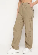 Spodnie damskie - Ciemnobeżowe Spodnie Bojówki z Wysokim Stanem z Gumką w Pasie z Kieszeniami Biorella - miniaturka - grafika 1