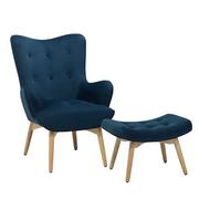 Fotele - Beliani Fotel niebieski z hokerem welur VEJLE - miniaturka - grafika 1