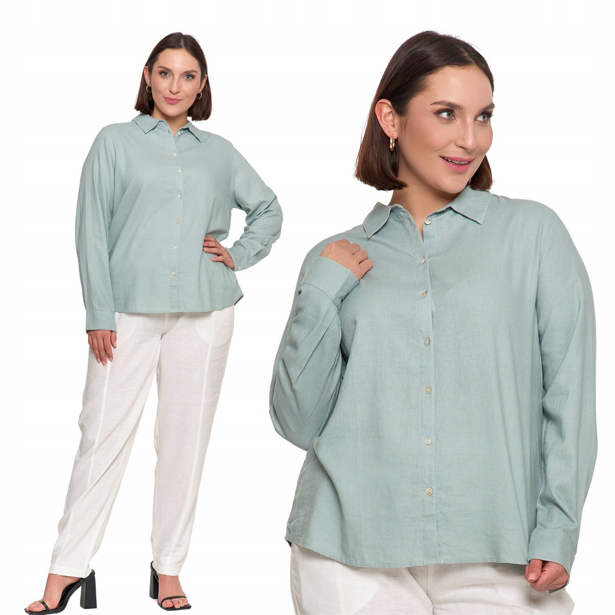 KOSZULA DAMSKA LNIANA Z DŁUGIM RĘKAWEM LEKKA KLASYCZNA WYGODNA MORAJ M GREEN