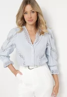 Koszule damskie - Jasnoniebieska Wiskozowa Koszula z Koronkowymi Wstawkami i Rękawami 7/8 Kavinnema - miniaturka - grafika 1