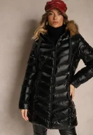 Kurtki damskie - Czarno-Brązowa Kurtka Pikowana o Długim Kroju Ozdobiona Sznurkami i Odpinanym Futerkiem Lorrina - miniaturka - grafika 1