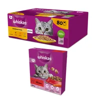 Mokra karma dla kotów - WHISKAS Saszetki smaki drobiowe 80x85g + GRATIS Whiskas Adult sucha karma z wołowiną 800g - miniaturka - grafika 1