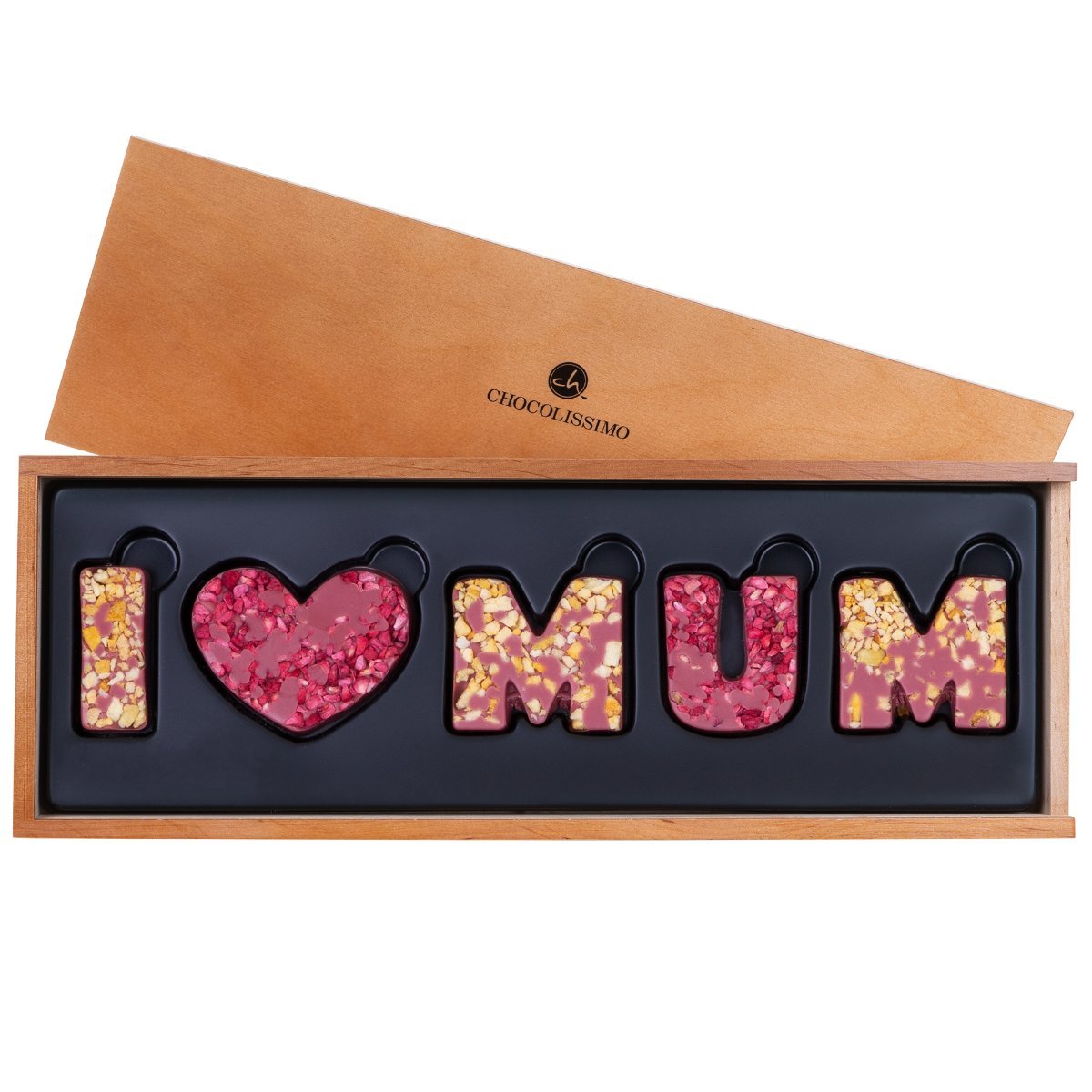 Napis I Love Mum z naturalnie różowej belgijskiej czekolady Ruby o lekko kwaskowym smaku idealny prezent na Dzień Mamy Dzień Kobiet 80 g