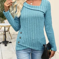 Swetry damskie - TEMU Elegancki, asymetryczny sweter damski z prążkowanego materiału - długi rękaw, zapinany na guziki przód, jednolity różowy, modny top na - miniaturka - grafika 1