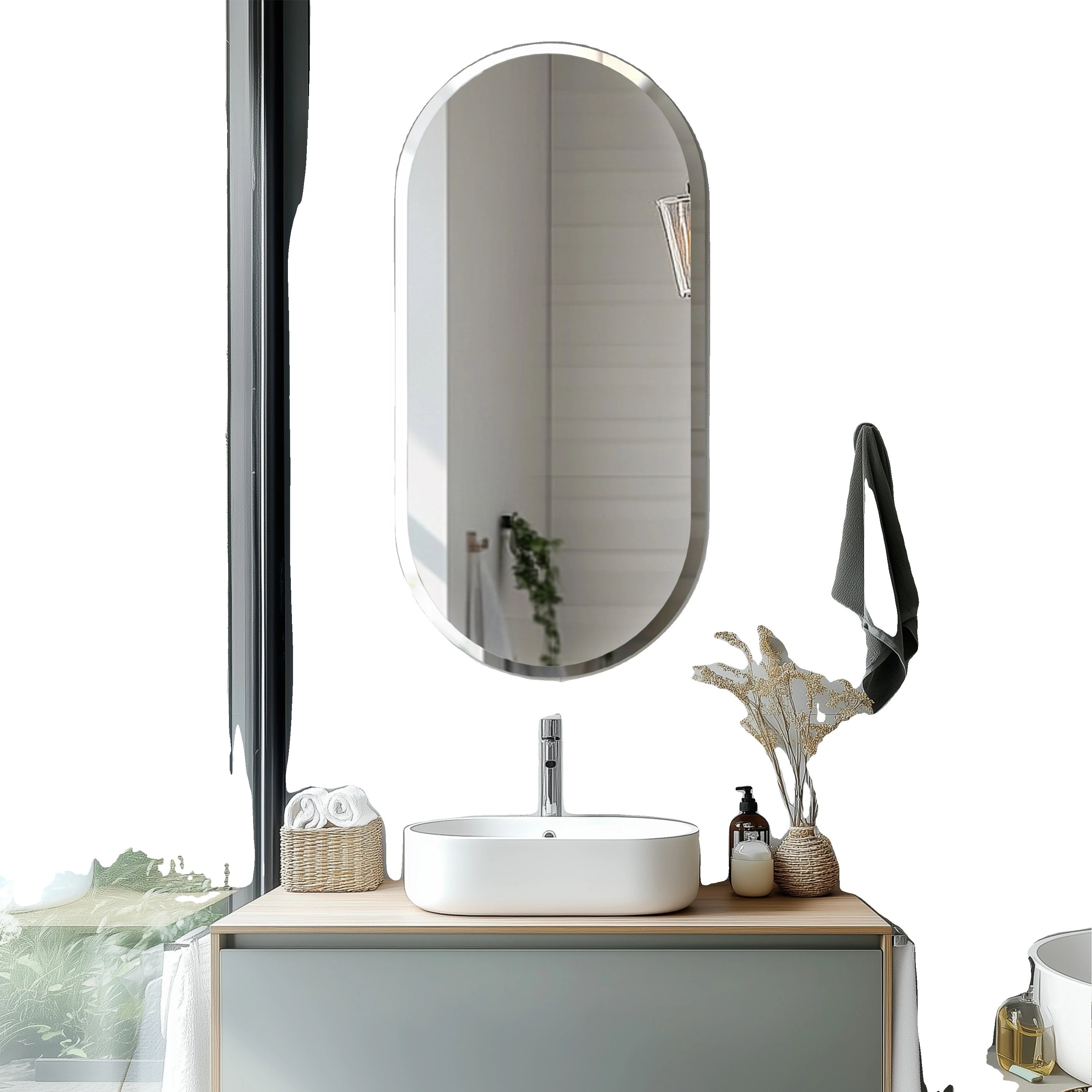 Owalne lustro łazienkowe bez ramy, wytrzymałe szkło, minimalistyczny styl, 48x24 cale