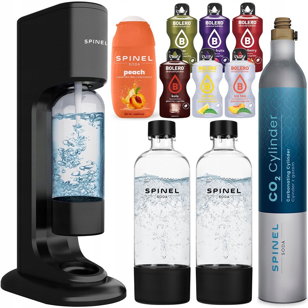 Saturator wody SPINEL SODA BubbleON - zestaw z butelkami BPA Free i saszetkami Bolero gazowanie napojów CO2