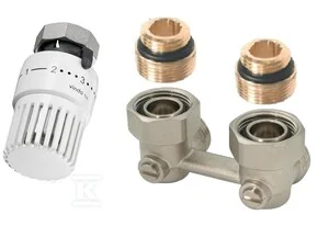 Zestaw grzejnikowy: termostat Vindo TH 01-5 + Multiflex FB-podwójne przyłącze z odcięciem, kątowe, 1/2GZx3/4GZ, mosiądz, niklowane - Akcesoria grzewcze - miniaturka - grafika 1