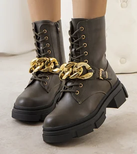 Zielone traperki z łańcuchem Iversen-38 - Botki damskie - miniaturka - grafika 1