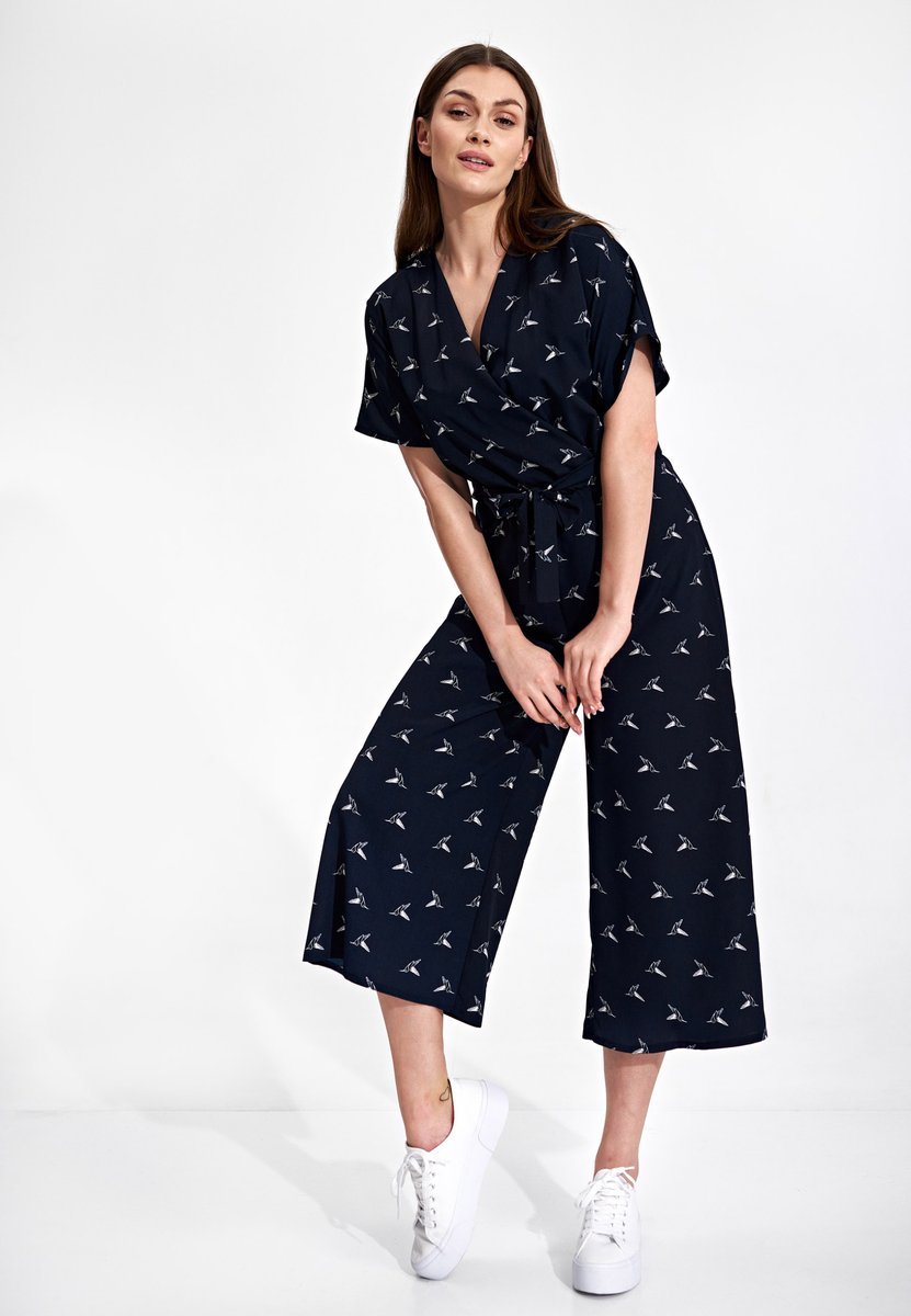 Luźny KOMBINEZON z rękawami kimono OZDOBNE WIĄZANIE niebieski L/XL
