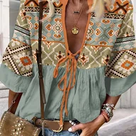 Koszule damskie - TEMU YT Elegancka Bluzka Damska z Kwiatowym Wzorem - Turkusowo-Pomarańczowy Geometryczny Wzór, Stójka z Regulowanymi Wiązaniami, Pralna w Pralce na - miniaturka - grafika 1