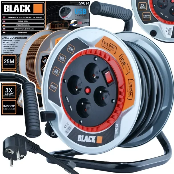 Przedłużacz Bębnowy Metalowy 25m 4g + 2x Usb 3x2,5 Kabel Black Weekend Only