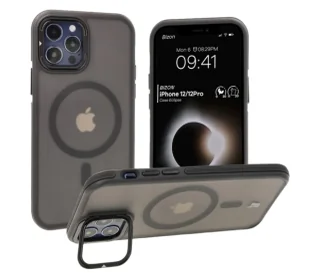 Bizon Etui z podstawką i pierścieniem magnetycznym Case Eclipse do iPhone 12 / iPhone 12 Pro , przydymione z czarną ramką - Etui i futerały do telefonów - miniaturka - grafika 1