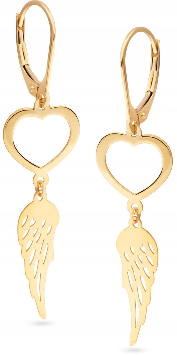 PIĘKNE ZŁOTE KOLCZYKI WISZĄCE SERCE SKRZYDŁO 585