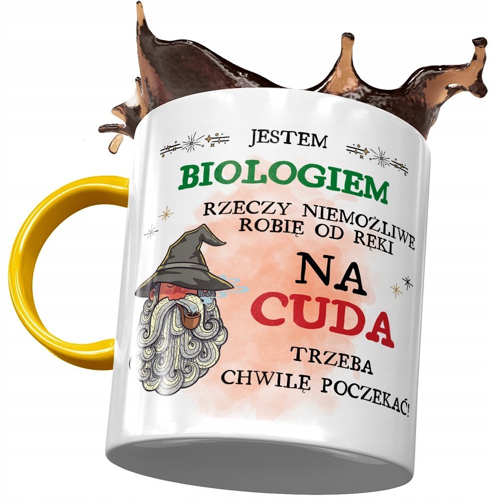 Kubek Żółty Dla Biologa na Cuda Trzeba Poczekać z Nadrukiem ze Zdjęciem + Opakowanie na prezent (wzór 02)