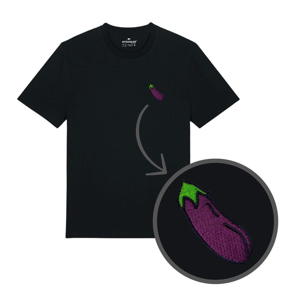 Haftowany T-shirt - BAKŁAŻAN - czarny S