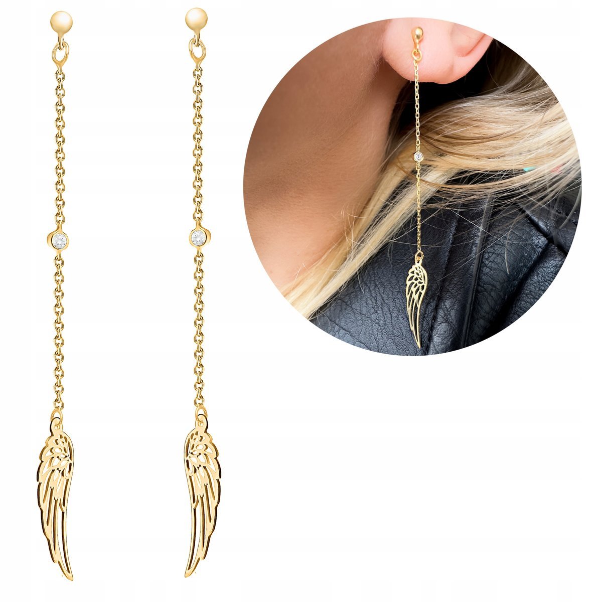 Złote kolczyki długie wiszące srebro pozłacane 925 skrzydła łańcuszkowe