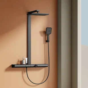 EMKE Kolumna prysznicowa z baterią termostatyczną, z bardzo szeroką półką 71x13 cm, Certyfikat KTW, Matowa czerń - Panele prysznicowe EMKE Kolumna prysznicowa z baterią termostatyczną, z bardzo szeroką półką 71x13 cm, Certyfikat KTW, Matowa czerń - Panele prysznicowe - miniaturka - grafika 1