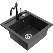 Zlewozmywaki z baterią - Mexen Vito zlewozmywak granitowy 1-komorowy z baterią kuchenną Carla, czarny nakrapiany - miniaturka - grafika 1