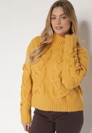 Swetry damskie - Żółty Golf z Domieszką Wełny Zdobiony Oryginalnym Splotem Fedwira - miniaturka - grafika 1