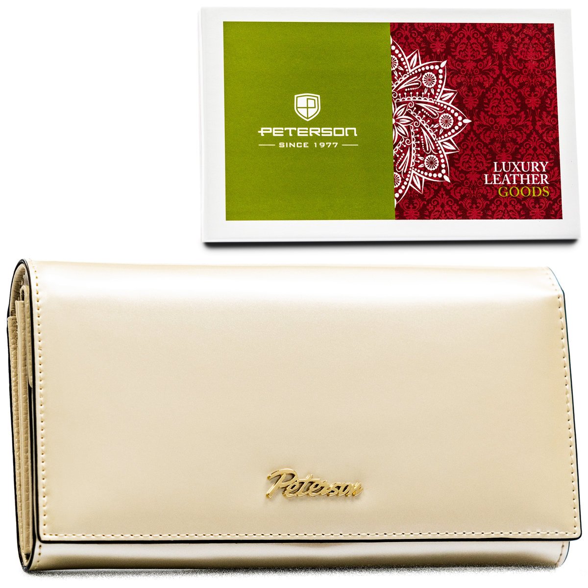 Damski skórzany portfel Peterson lakierowany na zatrzask duża portmonetka na karty z RFID, beżowy