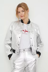 Pepe Jeans kurtka bomber skórzana damska kolor srebrny przejściowa - Kurtki damskie - miniaturka - grafika 1