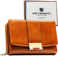 Portfele - Elegancki portfel damski PETERSON mały ozdobne zapięcie zatrzask i suwak rozbudowany na karty ochrona RFID modny brązowy - miniaturka - grafika 1