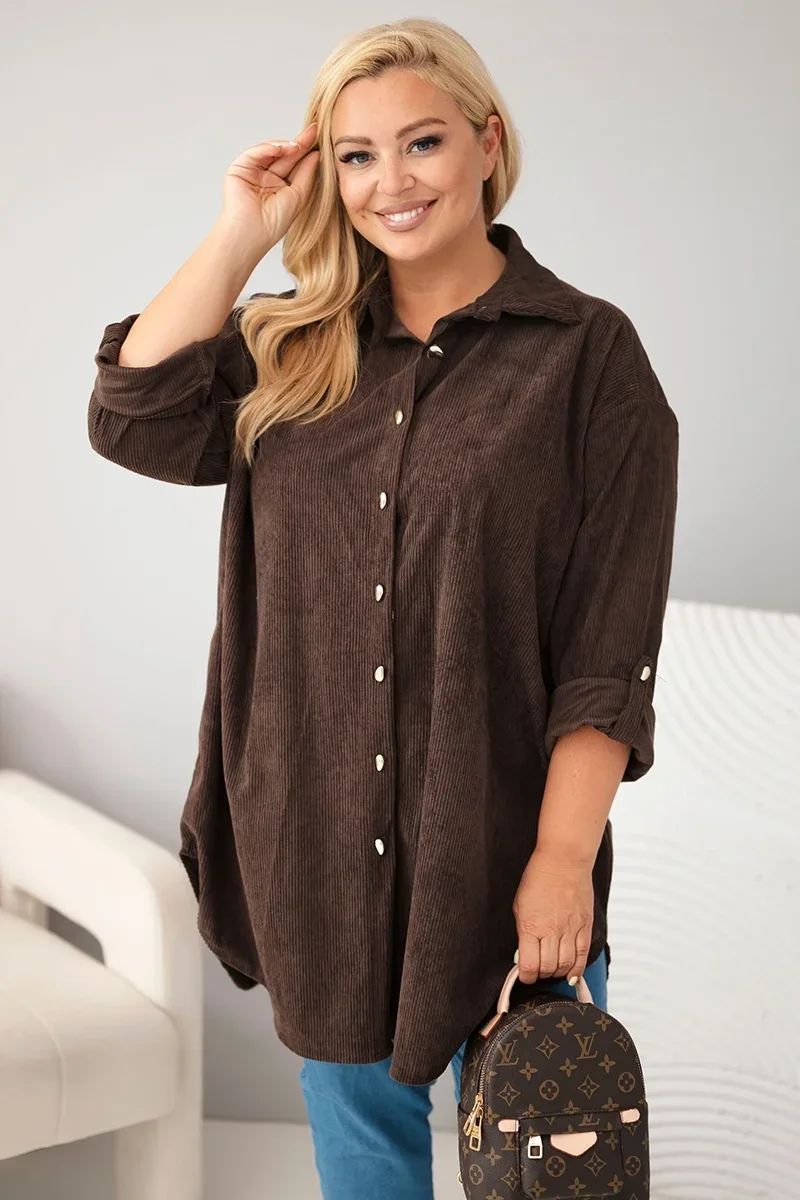 Koszula damska Plus Size z wiskozy sztruksowa z podpinanymi rękawami brązowa Brązowy