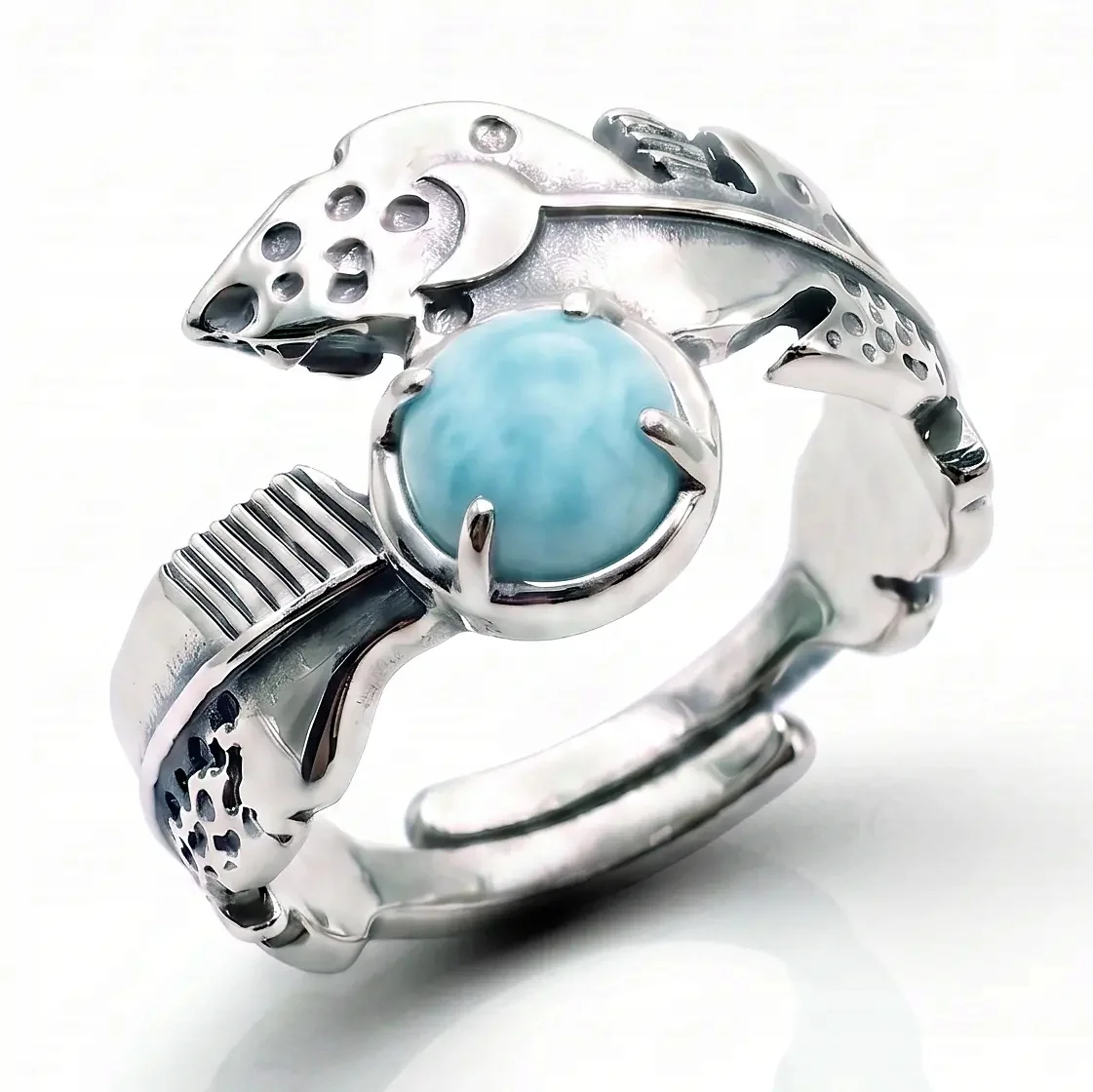 Srebrny pierścionek regulowany Naturalny LARIMAR Boho srebro 925 na prezent