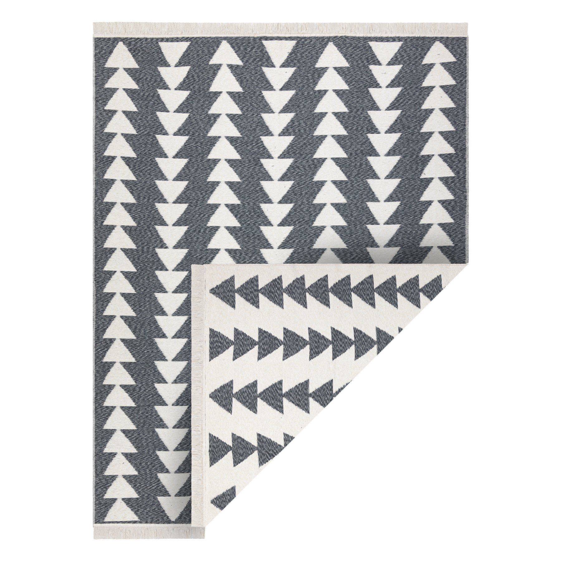 Dywan TWIN 22994 Geometryczny, trójkąty pasy bawełna, dwustronny Ekologiczny frędzle - antracyt / krem szary 100x200 cm