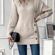 Swetry damskie - TEMU Luźny Elegancki Sweter z Wysokim Kołnierzem, Długie Rękawy w Pionowe Żebrowanie i Asymetrycznymi Guzikami – Uniwersalna Moda na Biuro, Casual i - miniaturka - grafika 1