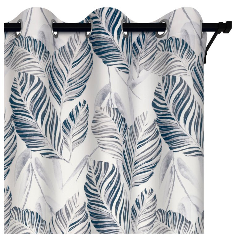 Voppi Zasłona dekoracyjna z roślinnym wzorem 140 x 280 cm granatowe i szare liście zasłona na przelotkach kółkach