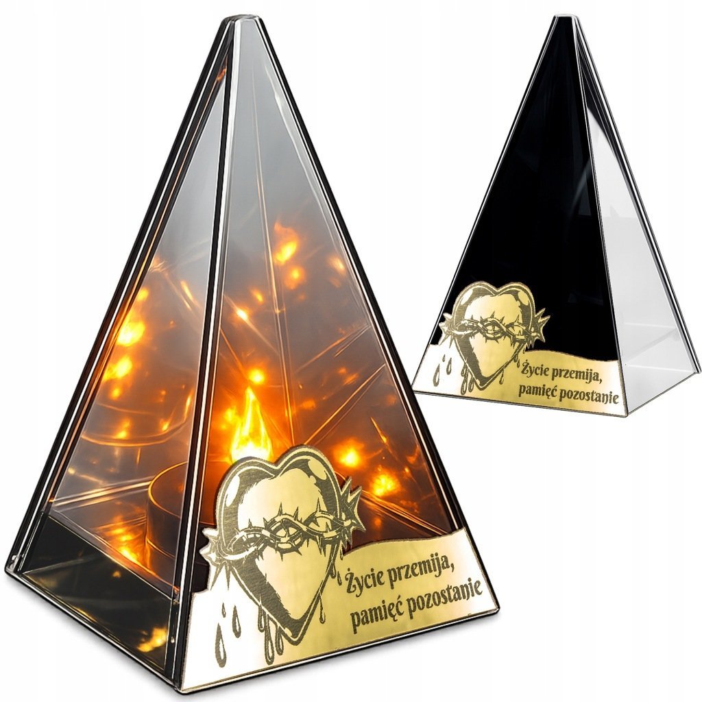 ZNICZ LED efekt płomienia LAMPION na GRÓB cmentarz SZKLANY ZŁOTE SERCE