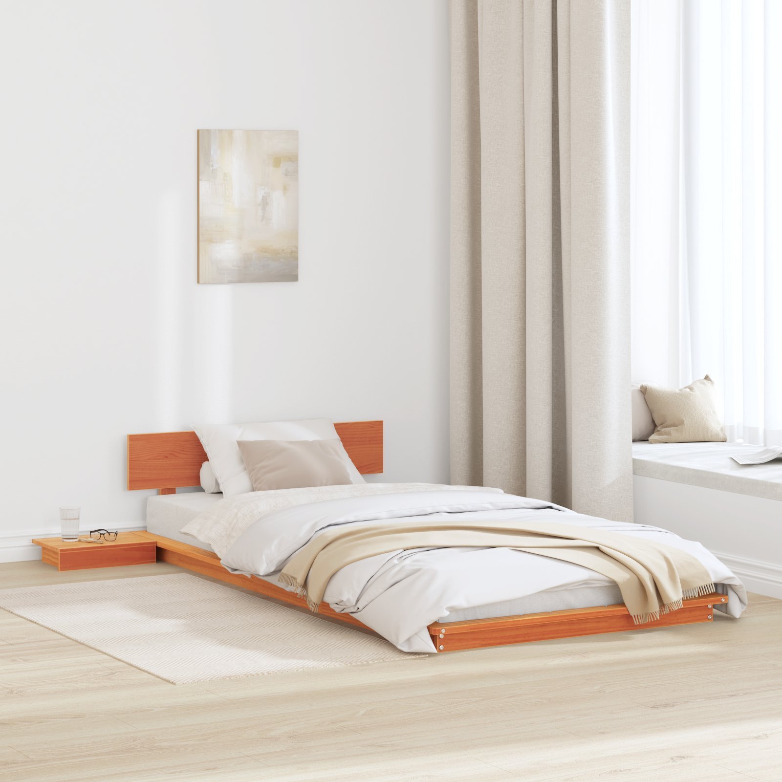 vidaXL vidaXL Rama łóżka na podłodze z nocnymi stolikami Woskowany brąz 75x190cm Lite drewno