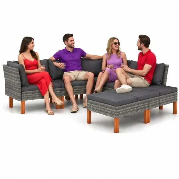 Zestaw wypoczynkowy rattan PE szary z poduszkami antracytowymi 60,5x64,5x67