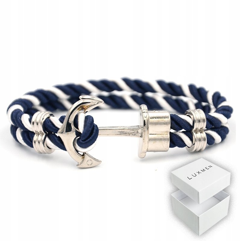 Męska Bransoletka Pleciona Kotwica Biała Niebieska