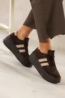 Półbuty damskie - Czekoladowe sneakersy skórzane damskie buty sportowe na platformie beżowe wstawki sznurowane PRODUKT POLSKI Casu 5967 - miniaturka - grafika 1