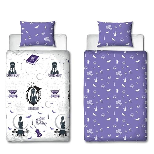 Character World Wednesday oficjalny zestaw poszewek na kołdrę, przeznaczny design, dwustronna, dwustronna, oficjalny produkt, w tym pasująca poszewka na poduszkę, fioletowa i biała kołdra na