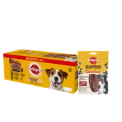 Mokra karma dla psów - PEDIGREE Adult saszetka 40x100 g - Mix Smaków w Galaretce - mokra karma pełnoporcjowa w galaretce dla dorosłych psów + PEDIGREE® Ranchos™ Superfoods z wołowiną, jagodami i pełnym ziarnem 70g GRATIS - miniaturka - grafika 1