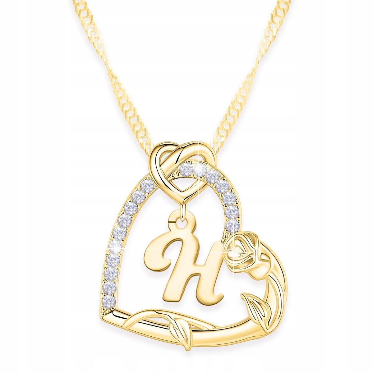 Złoty Naszyjnik Litera Serce Kwiat Różą z Literką Inicjał H SREBRO 925