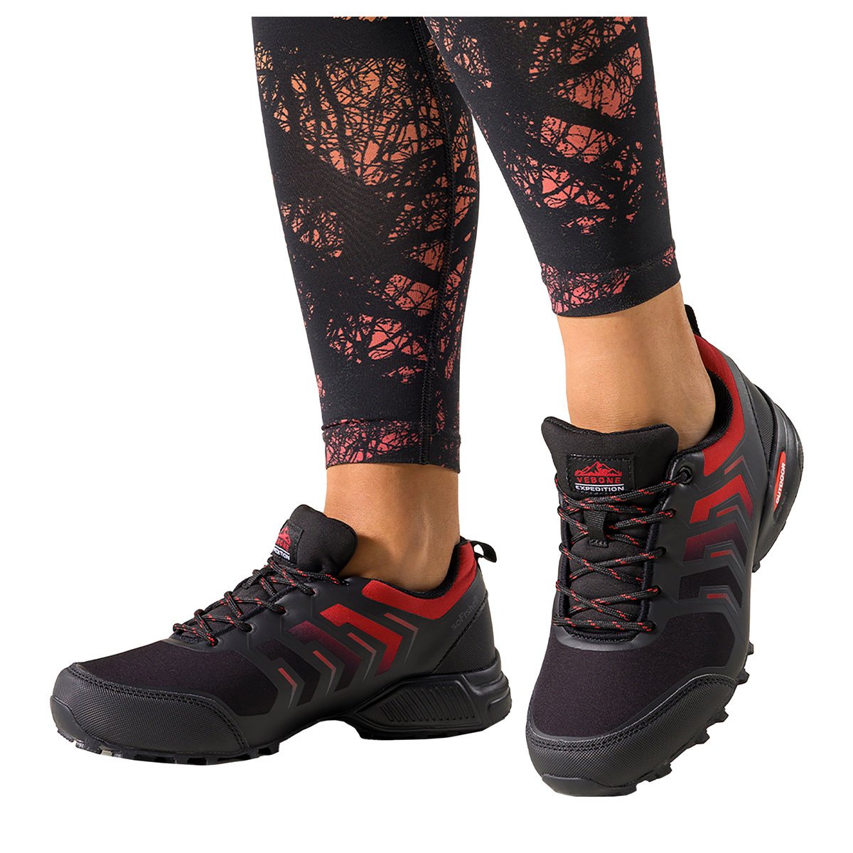Czarne buty trekkingowe damskie buty sportowe softshell na bieżnikowanej podeszwie czerwone wstawki sznurowane Carla EY82976-5-39