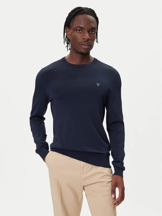 GUESS GRANATOWY GŁADKI SWETER MĘSKI Z OKRĄGŁYM DEKOLTEM 48 1GŁA